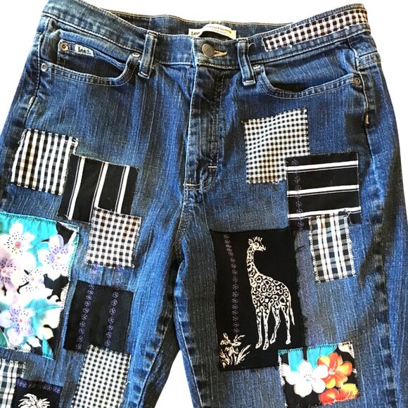 Boho Hippie Patch Jeans, Size 8 Long: Upcycled, Tropical Patchwork, Giraffes - Picture 7 of 16